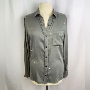 Women's SO Perfect Shirt Green w/ Stars Long Sleeve Button Down Shirt Size L